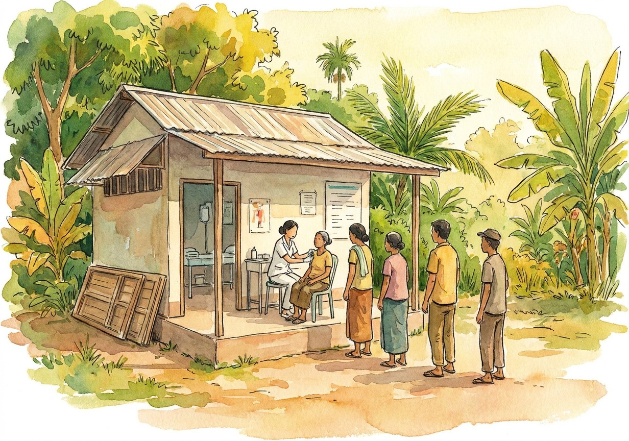 Health workers reviewing patient data at a community health facility